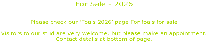 For Sale - 2026   Please check our ‘Foals 2026’ page For foals for sale  Visitors to our stud are very welcome, but please make an appointment.  Contact details at bottom of page.